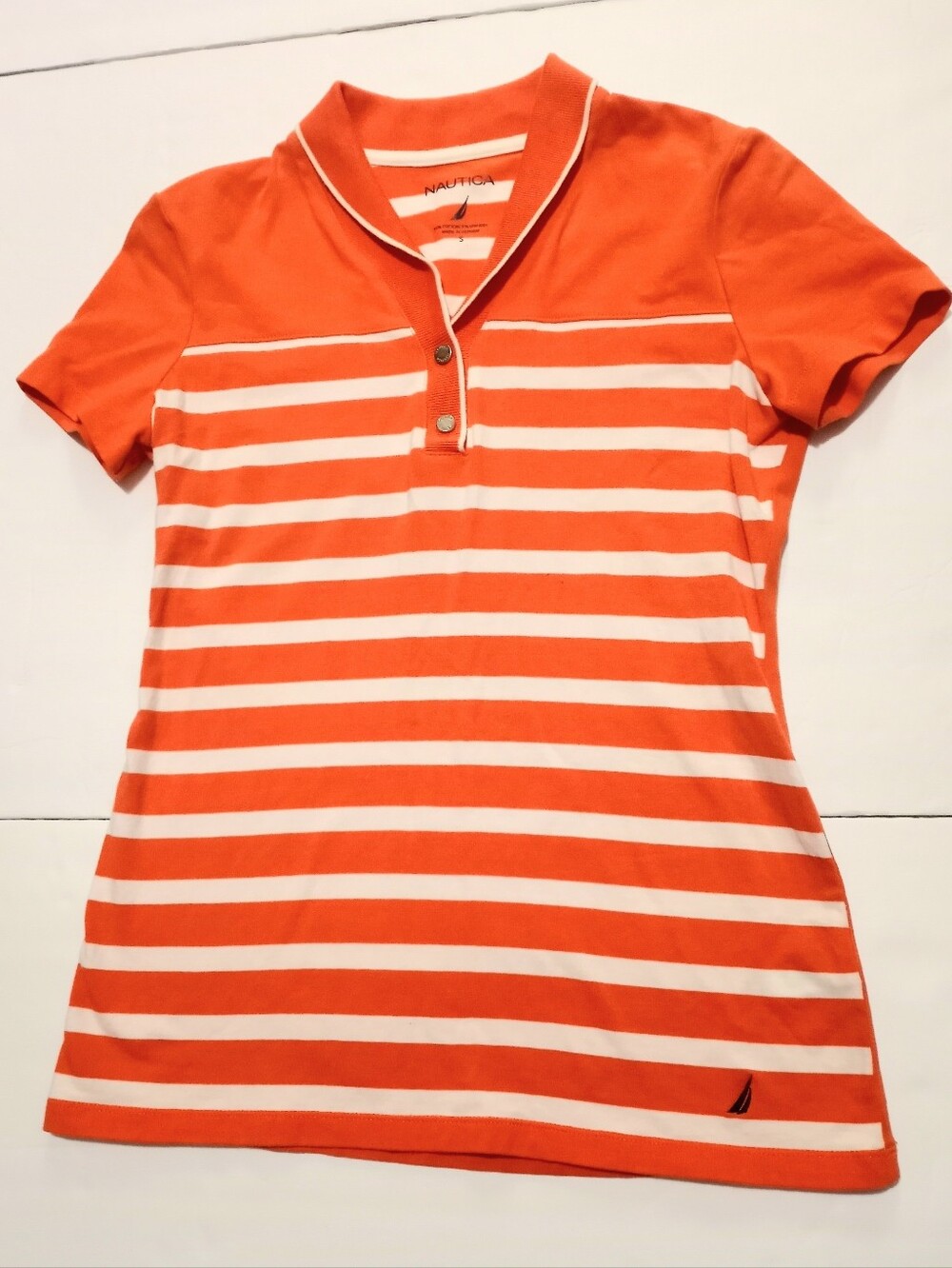 Nautica Orange And White Polo Striped Tee